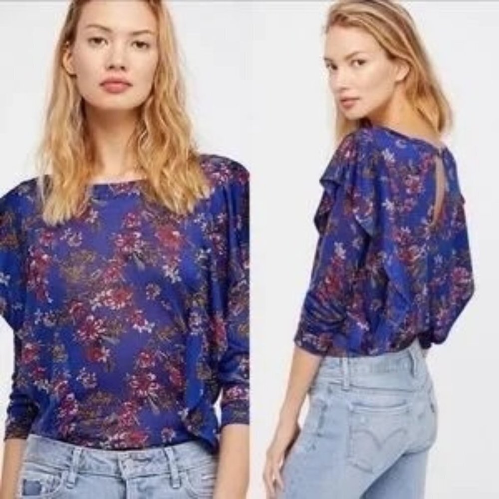 Free People Dock Street Blue Floral Ruffle Blouse